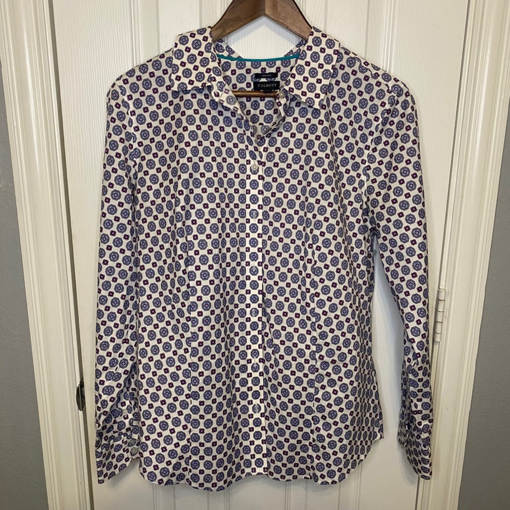 Talbots Non-Iron Button Down Shirt Womens 14 Purple Geometric Medallion Career